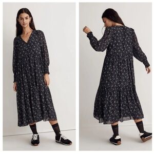 Madewell Enchanted Floral Long Sleeve Georgette V-Neck Tiered Midi Dress